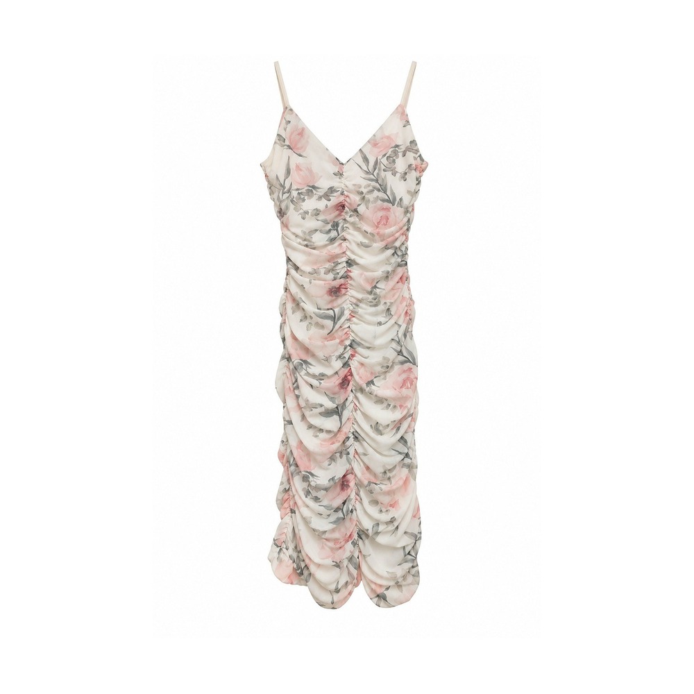 Windsor Womens Medium White Pink Floral Ruched Mesh Bodycon Midi Dress KPD0859